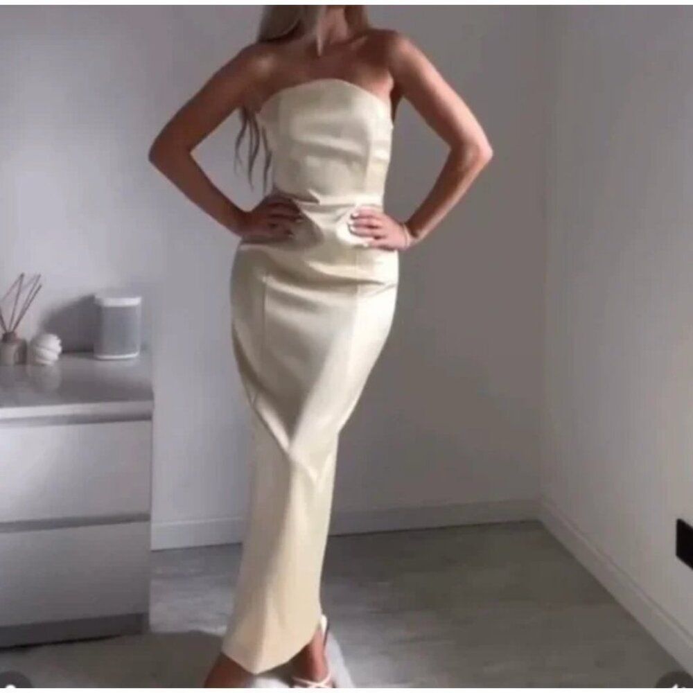 Zara Women Midi Dress XS Cream Satin Effect Crossed Strap strapless 2180/233 NWT
